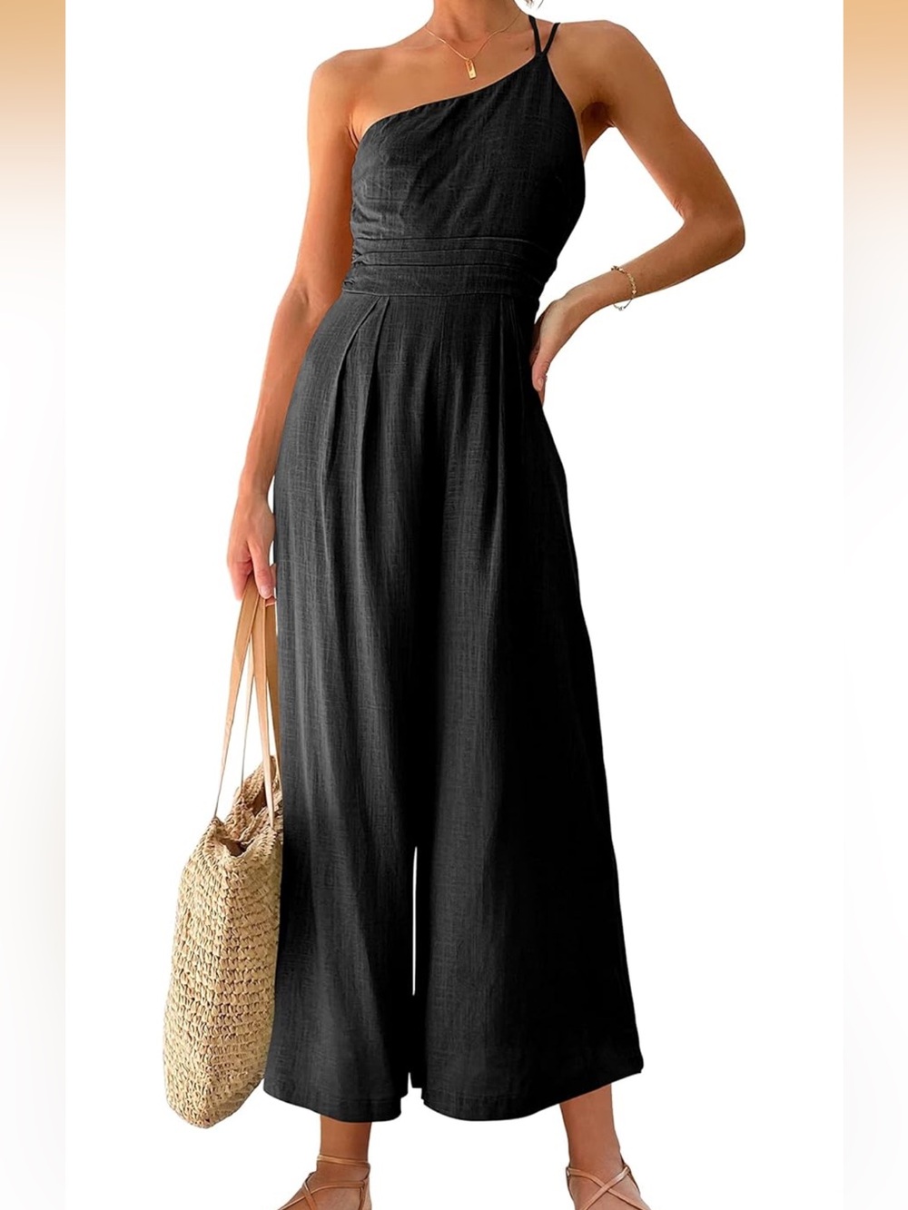 One-Shoulder Summer Beachy Wide-Leg high Waisted Linen blend Jumpsuit in Black